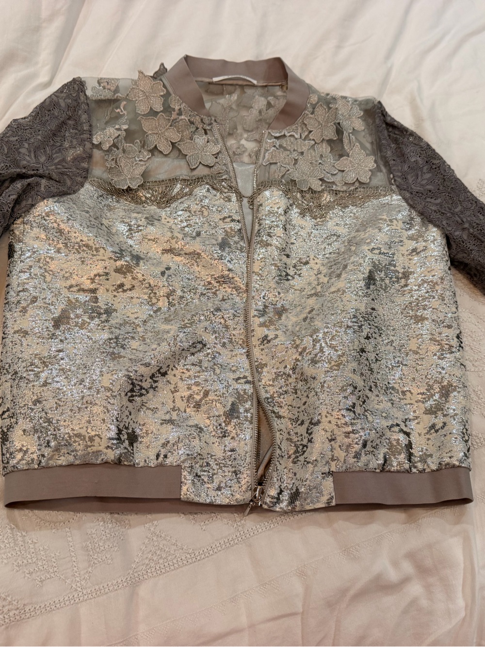 Women's gray Lace-Trim Bomber Jacket